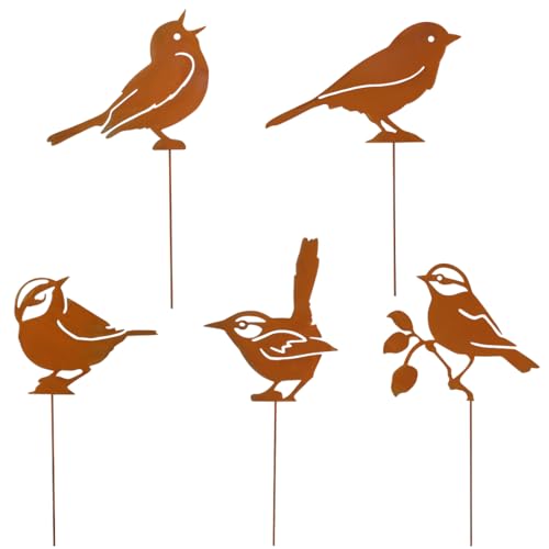 5er Gartenstecker Vögel Deko Rost Mit Metallstab,Rost Vogel Gartendeko für Draußen,Vögel Deko Metall für Garten Terrasse Balkon,Rostdeko Gartendeko von VerLuky