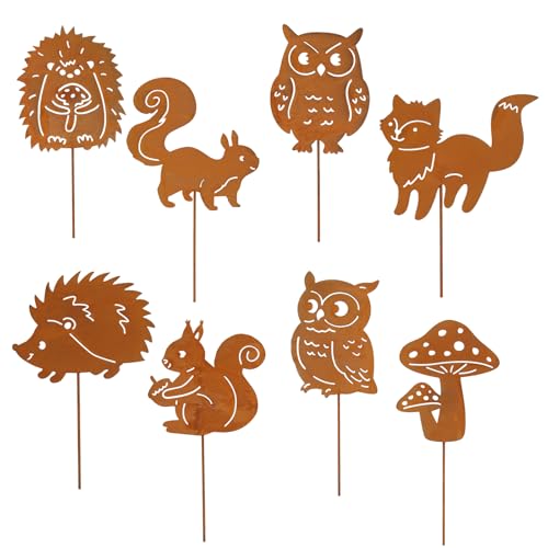 VerLuky 8er Gartenstecker Herbst Rost mit Igel Eule Pilz Eichhörnchen Fuchs,Metall Herbst Deko Draußen Innen,Rost Deko für Garten Blumentopf Balkon,Rostige Gartendeko von VerLuky
