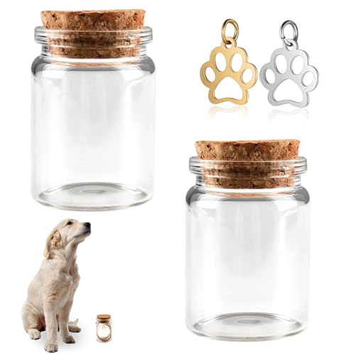 Verazquy 2 x Tierhaar-Gedenkflasche mit 2 Pfotenabdruck-Anhängern, kleine Glasfläschchen für Katze, Hund, Asche, Haarausfall, bewahrt kleine Säugetiere, wertvolle Erinnerungen, Tierfellhaare, von Verazquy