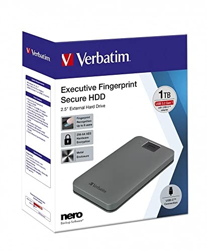 Verbatim Executive Fingerprint Secure HDD, 1 TB, Grau, Externe Festplatte mit Fingerabdruckscanner, USB 3.1 GEN 1, für Windows & Mac OSX, tragbare Festplatte, USB-C Festplatte von Verbatim