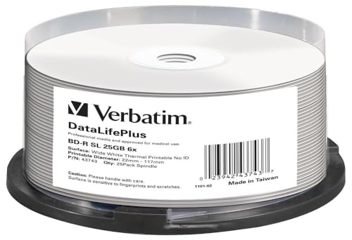 Verbatim BD-R Blu-ray Rohlinge 25 GB, Blu-ray-Disc mit 6-facher Schreibgeschwindigkeit, 25er-Pack Spindel, großflächig thermisch bedruckbar, Blu-ray-Disks für Video- und Audiodateien von Verbatim
