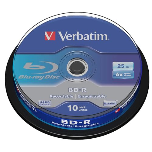 Verbatim BD-R Single Layer Blu-ray Rohlinge 25 GB, Blu-ray-Disc mit 6-facher Schreibgeschwindigkeit, mit Kratzschutz, 10er-Pack Spindel, Blu-ray-Disks für Video- und Audiodateien von Verbatim