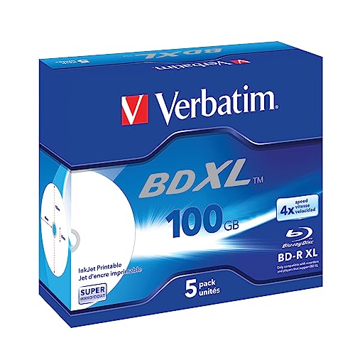 Verbatim BD-R XL Blu-ray Rohlinge 100 GB, Blu-ray-Disc mit 4-facher Schreibgeschwindigkeit, 5er-Pack Jewel Case, großflächig bedruckbar, Blu-ray-Disks für Video- und Audiodateien von Verbatim