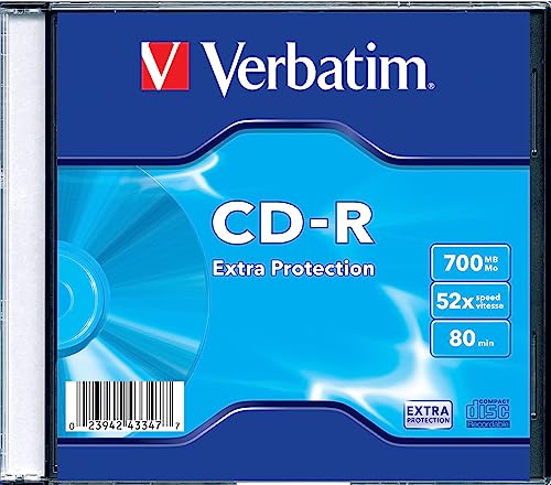 Verbatim CD-R Extra Protection, CD-Rohling mit 700 MB Datenspeicher, ideal für Foto- und Video-Aufnahmen, kompatibel mit jedem konventionellen CD-Laufwerk, einzelnes Slim Jewel Case von Verbatim