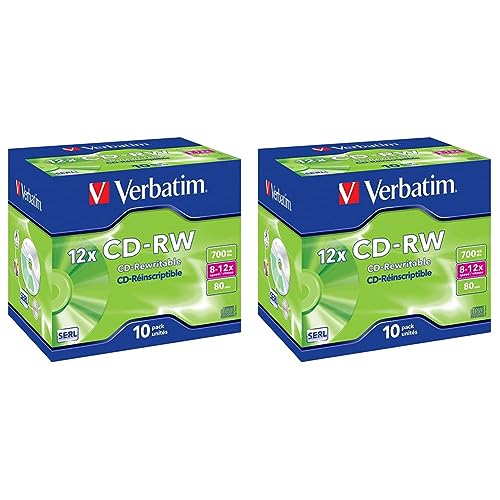 Verbatim CD-RW 700 MB, 20er Pack Jewel Case, Rohlinge Beschreibbar, 52-fache Brenngeschwindigkeit Mit Langer Lebensdauer, Leere CDs, Audio Rohling Rewritable von Verbatim