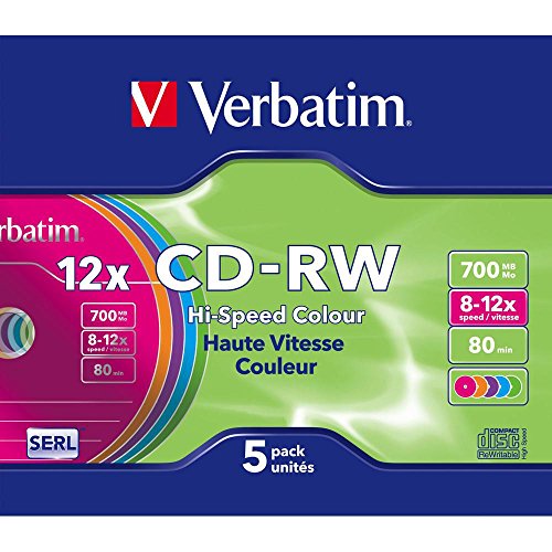 Verbatim CD-RW 700 MB, 5er Pack Slim Case bunt, CD Rohlinge beschreibbar, 52-fache Brenngeschwindigkeit mit langer Lebensdauer, leere CDs, Audio CD Rohling rewritable, CD leer von Verbatim