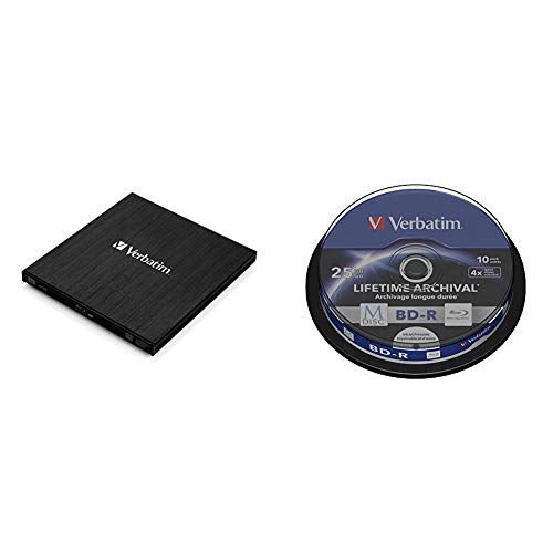 Verbatim External Slimline USB 3.0 Blu-ray und MDisc Brenner, mobiles externes Laufwerk zum Brennen & Archive, 43890 & M-Disc BD-R 25 GB, 4-fache Brenngeschwindigkeit, 10 Stück (Spindel) von Verbatim
