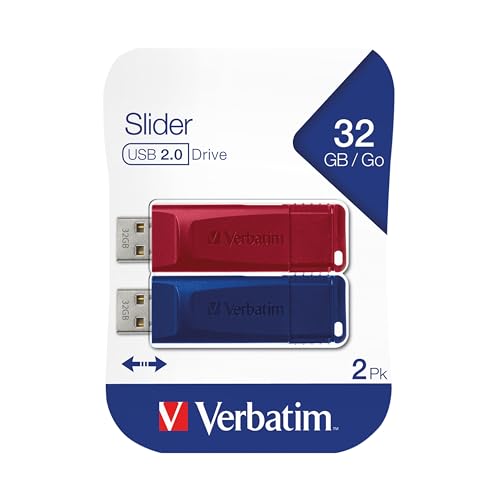 Verbatim Slider USB-Stick Multipack 32GB, USB 2.0, 2x USB Speicherstick, für Laptop Notebook Ultrabook TV Autoradio, USB 2.0 Stick, Datenstick mit Schiebemechanismus, Rot Blau von Verbatim