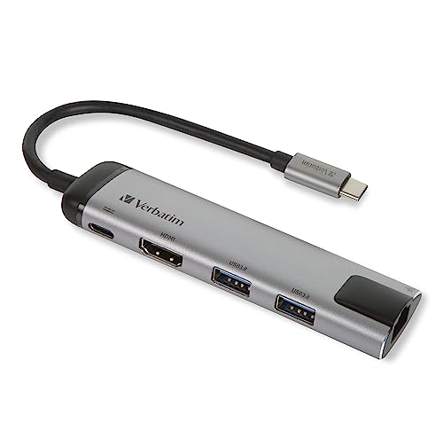 Verbatim USB-C Multiport-Adapter, USB-C-Hub mit USB-3.0, HDMI-4K, Gigabit Ethernet & USB-C Schnelladeanschluss, USB-C-Adapter für Laptop & Macbook, Multimedia-Adapterstecker USB-Typ-C von Verbatim