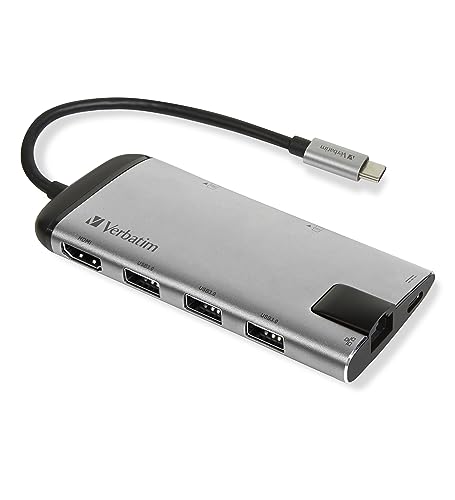 Verbatim USB-C Multiport-Adapter, Hub mit USB-3.0, HDMI-4K, SD/microSD, Gigabit Ethernet & USB-C Schnelladeanschluss, USB-C-Adapter für Laptop & Macbook, Multimedia-Adapterstecker von Verbatim
