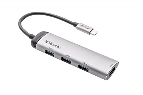 Verbatim USB-C Multiport-Hub, USB-C-Adapter aus hochwertigem Aluminium für Laptops MacBooks und Smartphones, Multimedia-Adapterstecker mit vier USB-3.2 Gen 1-Anschlüssen, silber von Verbatim