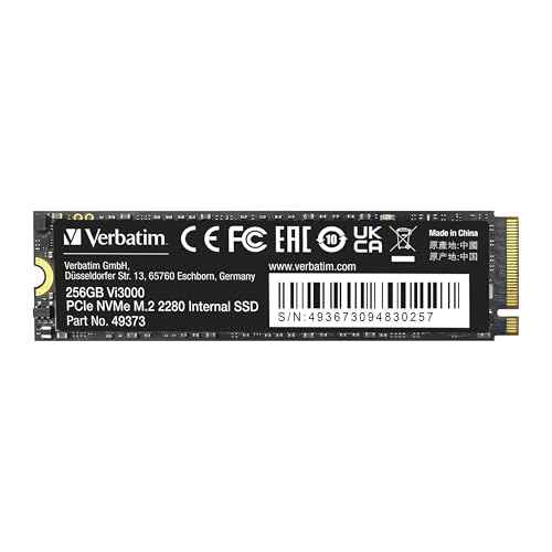 Verbatim Vi3000 NVMe M.2 SSD 256 GB, internes SSD-Laufwerk mit PCIe Gen 3 Schnittstelle, bis zu 3.100 MB/s Lesegeschwindigkeit, kompakt und leistungsstark für PC und Laptop, schwarz Verbatim Vi3000 NVMe M.2 SSD 256 GB, internes SSD-Laufwerk mit PCIe Gen 3 Schnittstelle, bis zu 3.100 MB/s Lesegeschwindigkeit, kompakt und leistungsstark für PC und Laptop, schwarz von Verbatim