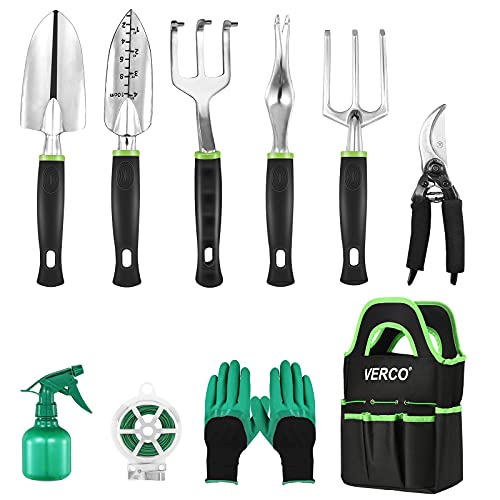 Verco Gartengeräte Set, Gartenwerkzeug Set 10-teilig Rostfrei Robust mit Ergonomische Anti-Rutsch-Griff, Gartenschere Schaufel Unkrautstecher für Gartenpflege von Verco