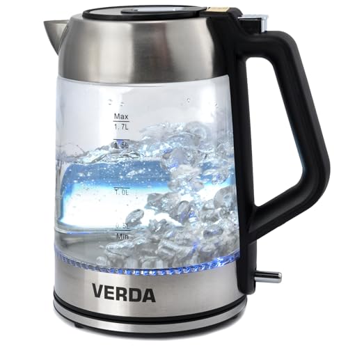 Wasserkocher 1,7L (2200W) aus Glas und Edelstahl, LED-Beleuchtung, OneTouch-Verschluss, Kabelaufwicklung, Glas, 100% BPA FREI SN0617L-12 von Verda