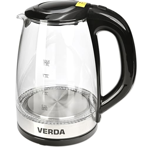 Wasserkocher 1,8L 2200W Edelstahl, LED-Beleuchtung, Kalkfilter, OneTouch-Verschluss, Kabelaufwicklung, Glas, 100% BPA FREI SN0618L-5 von Verda