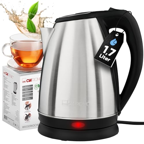 Clatronic® Wasserkocher Edelstahl, 1,7 Liter | BPA frei | 2200W | Edelstahl Wasserkocher | Station mit Kabelaufwicklung | Electric Kettle | Edelstahlgehäuse | Verdecktes Heizelement | WKS 3830 von Verdecktes Edelstahlheizelement