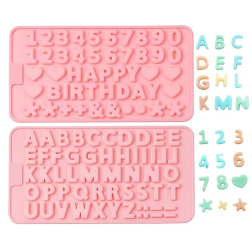 Verdental Kleine Silikon-Formen für Buchstaben und Zahlen, Set mit 2 Schokoladenformen, antihaftbeschichtet, gummiert, Happy Birthday, Kuchendekorationen, Eisformen mit 2 Pipetten (Pink) von Verdental