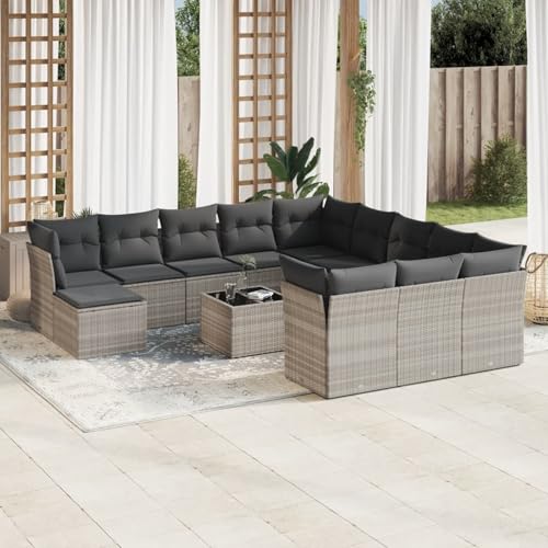Verderoom 13-TLG Gartenlounge mit Kissen Hellgrau Poly Rattan #2,Balkon Couch,Balkonmöbel,Outdoor Sofa Lounge,Balkon Lounge,Lounge,Lounge Möbel Outdoor von Verderoom