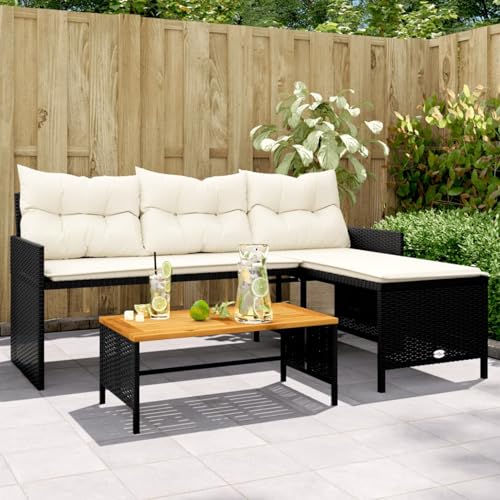 Verderoom Balkon Lounge Polyrattan Gartenlounge Ecklounge Balkon Lounge klein Gartensofa in L-Form mit Tisch und Kissen Ecksofa Lounge Möbel-Schwarz und Creme-Typ 1 von Verderoom