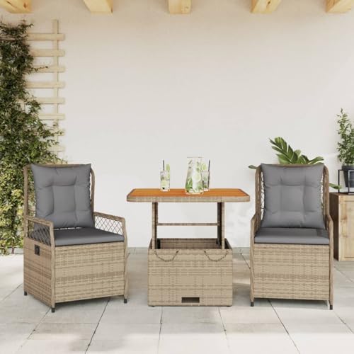 Verderoom Gartenmöbel Set 2 Verstellbare Hochlehner Stühlen mit Verstellbare Tischplatte Garten Sitzgruppe 2 Personen Rattan Gartenmöbel Essgruppe mit Kissen-Beige und Grau-3-tlg von Verderoom