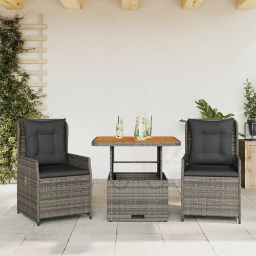 Verderoom Gartenmöbel Set 2 Verstellbare Hochlehner Stühlen mit Verstellbare Tischplatte Garten Sitzgruppe 2 Personen Rattan Gartenmöbel Essgruppe mit Kissen-Grau-3-tlg von Verderoom