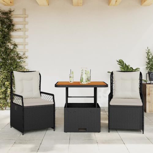 Verderoom Gartenmöbel Set 2 Verstellbare Hochlehner Stühlen mit Verstellbare Tischplatte Garten Sitzgruppe 2 Personen Rattan Gartenmöbel Essgruppe mit Kissen-Schwarz-3-tlg von Verderoom