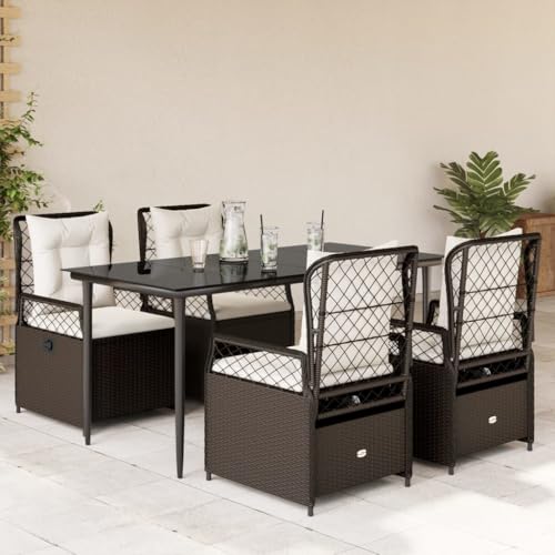 Verderoom Gartenmöbel Set 4 Verstellbare Hochlehner Stühlen mit Tisch Garten Sitzgruppe 4 Personen Verstellbar Gartenmöbel Set 4 Personen Rattan sitzgruppe mit Kissen-Braun-5-tlg von Verderoom