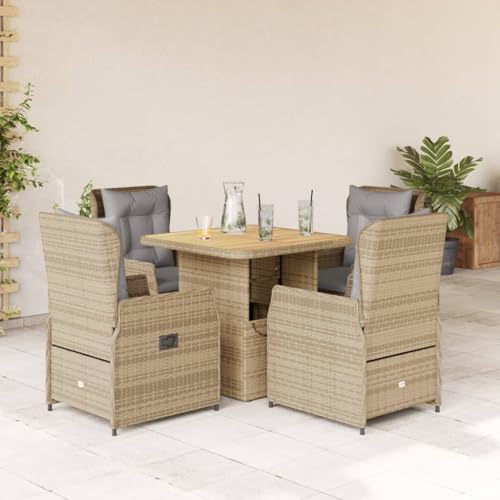 Verderoom Gartenmöbel Set 4 Verstellbare Hochlehner Stühlen mit Verstellbare Tischplatte Garten Sitzgruppe 4 Personen Rattan Gartenmöbel Essgruppe mit Kissen-Beige und Grau-5-tlg von Verderoom