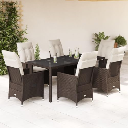 Verderoom Gartenmöbel Set 6 Stühle Mit Tisch, Rattan Sitzgruppe, Gartentisch Mit Stühlen, Verstellbar Garten Essgruppe, mit Kissen Braun 7-TLG von Verderoom