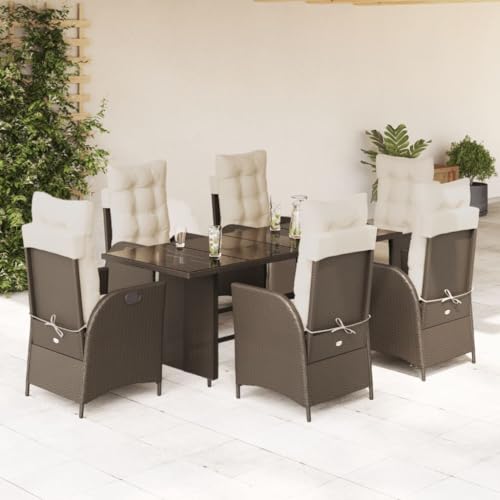 Verderoom Gartenmöbel Set 6 Stühle Mit Tisch, Verstellbar Garten Essgruppe, Rattan Sitzgruppe, Sitzgruppe Outdoor, mit Kissen Braun 7-TLG von Verderoom