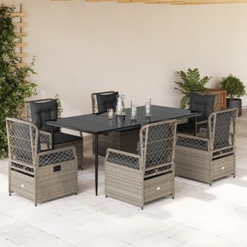 Verderoom Gartenmöbel Set 6 Verstellbare Hochlehner Stühlen mit Tisch Garten Sitzgruppe 6 Personen Verstellbar Gartenmöbel Set 6 Personen Rattan sitzgruppe mit Kissen-Hellgrau-7-tlg von Verderoom