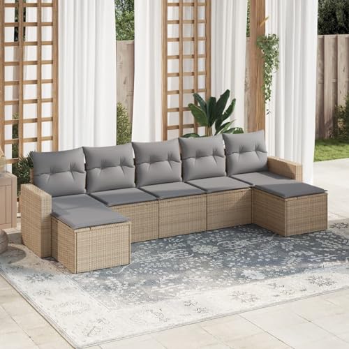 Verderoom Polyrattan Lounge mit Stauraum Rattan Gartenmöbel Set Gartenlounge Balkon Lounge Gartenmöbel Set wetterfest Sitzgruppe für Garten Terrasse und Balkon-Beige und Grau-7-tlg von Verderoom