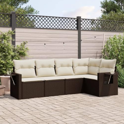 Verderoom Polyrattan Lounge mit Stauraum Rattan Gartenmöbel Set Gartenlounge Balkon Lounge Gartenmöbel Set wetterfest Sitzgruppe für Garten Terrasse und Balkon-Braun und Creme-5-tlg Typ 3 von Verderoom