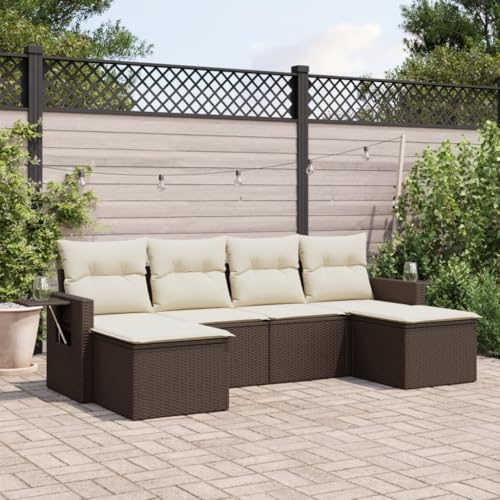 Verderoom Polyrattan Lounge mit Stauraum Rattan Gartenmöbel Set Gartenlounge Balkon Lounge Gartenmöbel Set wetterfest Sitzgruppe für Garten Terrasse und Balkon-Braun und Creme-6-tlg von Verderoom