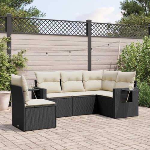 Verderoom Polyrattan Lounge mit Stauraum Rattan Gartenmöbel Set Gartenlounge Balkon Lounge Gartenmöbel Set wetterfest Sitzgruppe für Garten Terrasse und Balkon-Schwarz und Creme-5-tlg Typ 2 von Verderoom