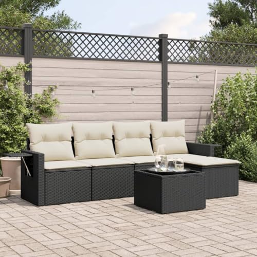 Verderoom Polyrattan Lounge mit Stauraum Rattan Gartenmöbel Set Gartenlounge Balkon Lounge Gartenmöbel Set wetterfest Sitzgruppe für Garten Terrasse und Balkon-Schwarz und Creme-6-tlg von Verderoom