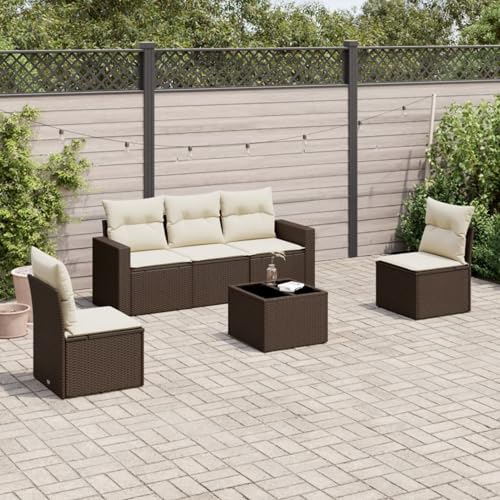 Verderoom Rattan Gartenmöbel Set mit Stauraum Polyrattan Lounge Balkon Lounge Sitzgruppe Outdoor Gartensofa Ecksofa Rattansofa Balkonmöbel-Braun und Creme-6-tlg von Verderoom