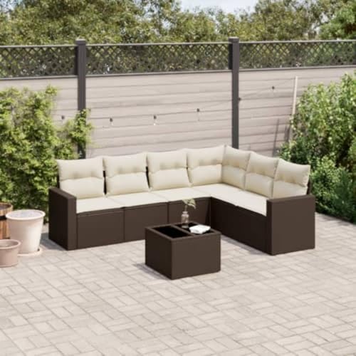 Verderoom Rattan Gartenmöbel Set mit Stauraum Polyrattan Lounge Balkon Lounge Sitzgruppe Outdoor Gartensofa Ecksofa Rattansofa Balkonmöbel-Braun und Creme-7-tlg Typ 6 von Verderoom