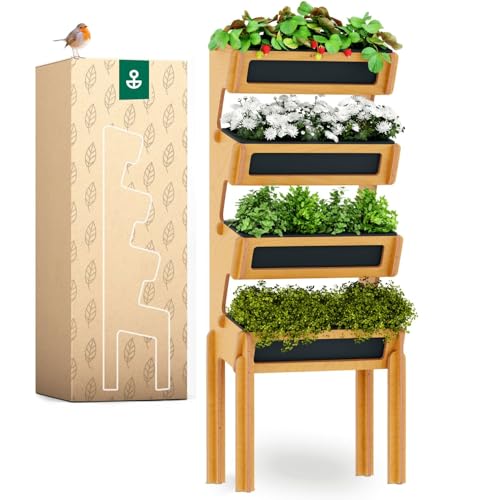 Bloomify® vertikales Hochbeet mit 4 Etagen aus Birken-Schichtholz – Aufbau ohne Schrauben – inkl. 4 rausnehmbarer Pflanzkästen – schmales Vertikalbeet für Balkon, Terasse & Garten von Vergada