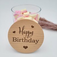Glas Happy Birthday Graviert Geschenkidee Geburtstag Naschglas Geldgeschenk Verpackung Gutschein Vorratsglas Mit Holzdeckel von VerhyggtGluecklich