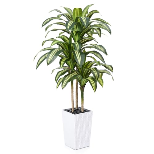 VeriNatural Künstlicher Drachenbaum 150 cm Kunstpflanzen Groß - UV-beständige künstliche Pflanze mit 57 Blättern, Weiß Topf & Flusssteinen - Deko Pflanze für Wohnzimmer Büro Indoor Outdoor, VN127 von VeriNatural