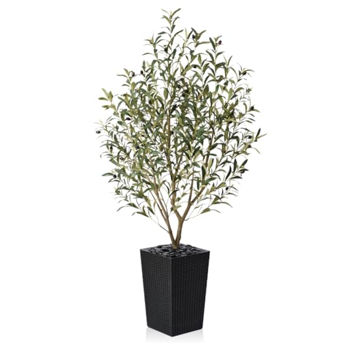 VeriNatural Künstlicher Olivenbaum 150cm Künstliche Pflanzen wie echt Kunstpflanzen Groß–Deko Kunstbaum mit Schwarz Topf in Netzoptik&Kieselsteinen–Für Wohnzimmer,Büro & Moderne Zimmerpflanzen,VN132 von VeriNatural