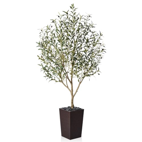 VeriNatural Künstlicher Olivenbaum 180cm Künstliche Pflanzen wie echt Kunstpflanzen Groß–Deko Kunstbaum mit Braun Topf in Netzoptik&Kieselsteinen–Für Wohnzimmer,Büro & Moderne Zimmerpflanzen,VN132 von VeriNatural