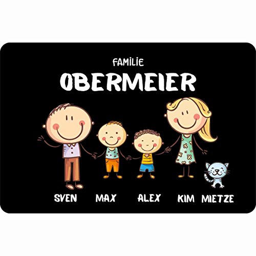 Fußmatte personalisiert Familie mit Vornamen & Familien - Namen BUNT Geschenk Hund Katze Umzug Comic Strichmännchen aussen innen lustig von Verlag HE