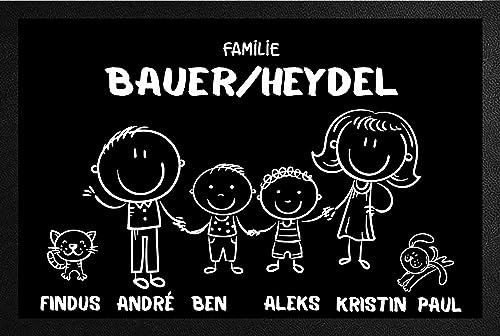 Fußmatte personalisiert Familie mit Vornamen & Familien - Namen schwarz/weiß Geschenk Hund Katze Umzug Comic Strichmännchen aussen innen lustig von Verlag HE