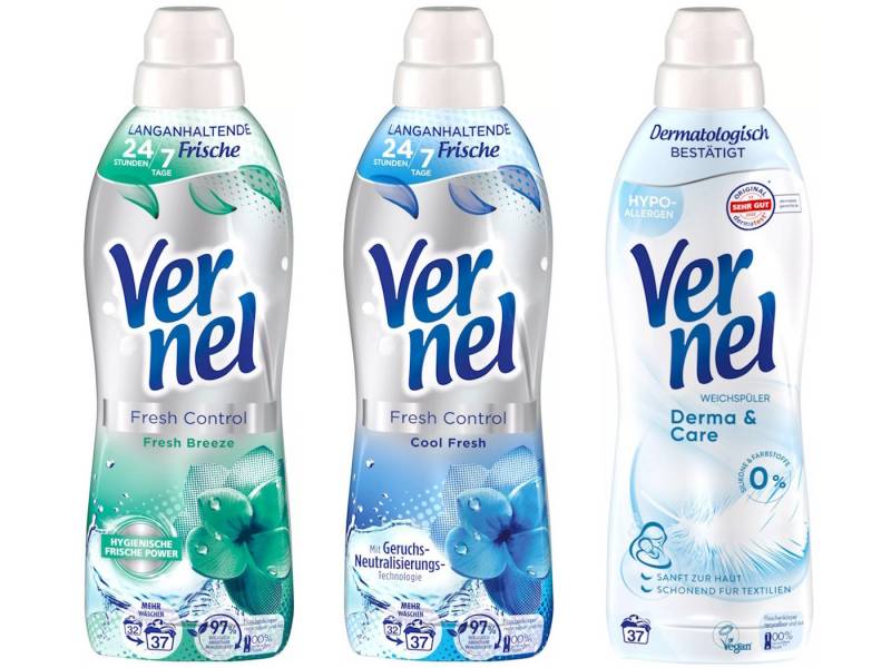 Vernel Fresh Control Cool Fresh & Fresh Breeze & Derma & Care 3x37 WL (111WL) Weichspüler (Spar-Set, [3-St. für sensible Haut & 24/7 Frische) von Vernel