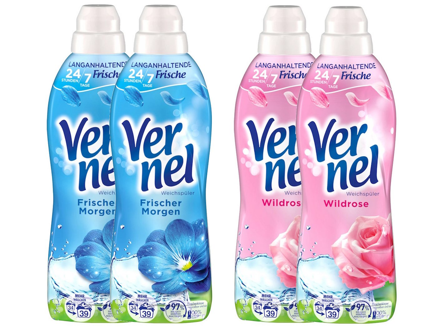 Vernel Frischer Morgen & Wildrose 4x 39 WL (156WL) Weichspüler (Spar-Set, [4-St. für langanhaltende Frische) von Vernel