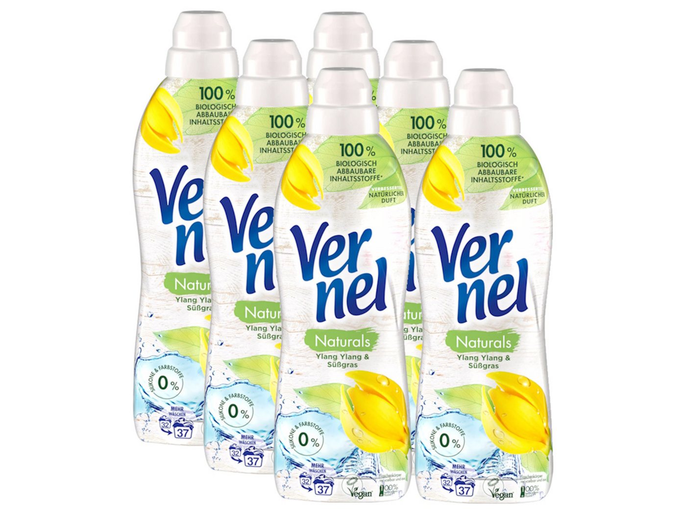 Vernel Naturals Ylang Ylang & Süßgras 6 x 37 WL (222WL) Weichspüler (Spar-Pack, [6-St. 99% natürliche Inhaltsstoffe) von Vernel
