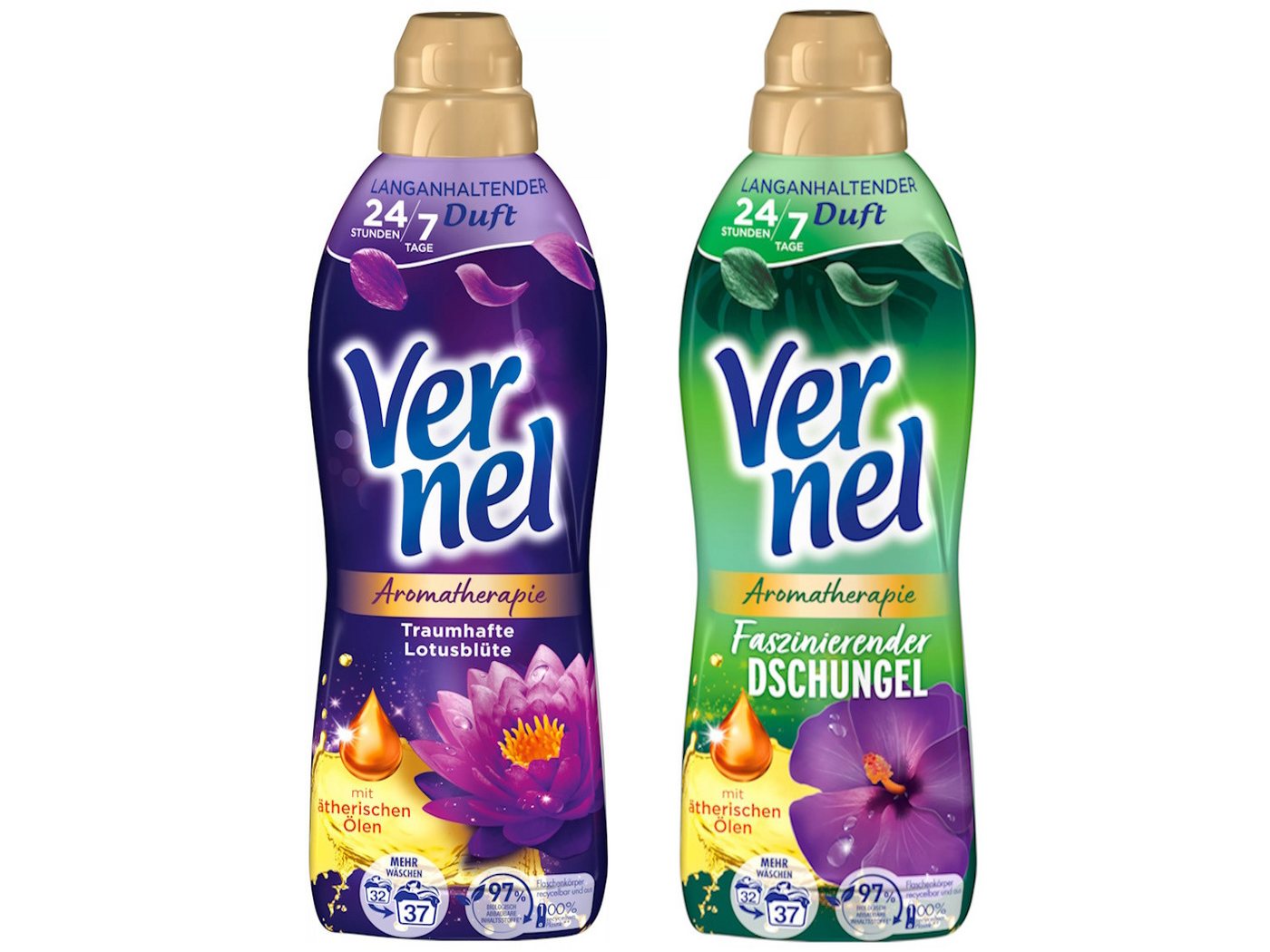 Vernel Aromatherapie Faszinierender Dschungel & Traumhafte Lotusblüte 2x 37WL Weichspüler (Doppelpack, [2-St. (74 WL) mit ätherischen Ölen) von Vernel