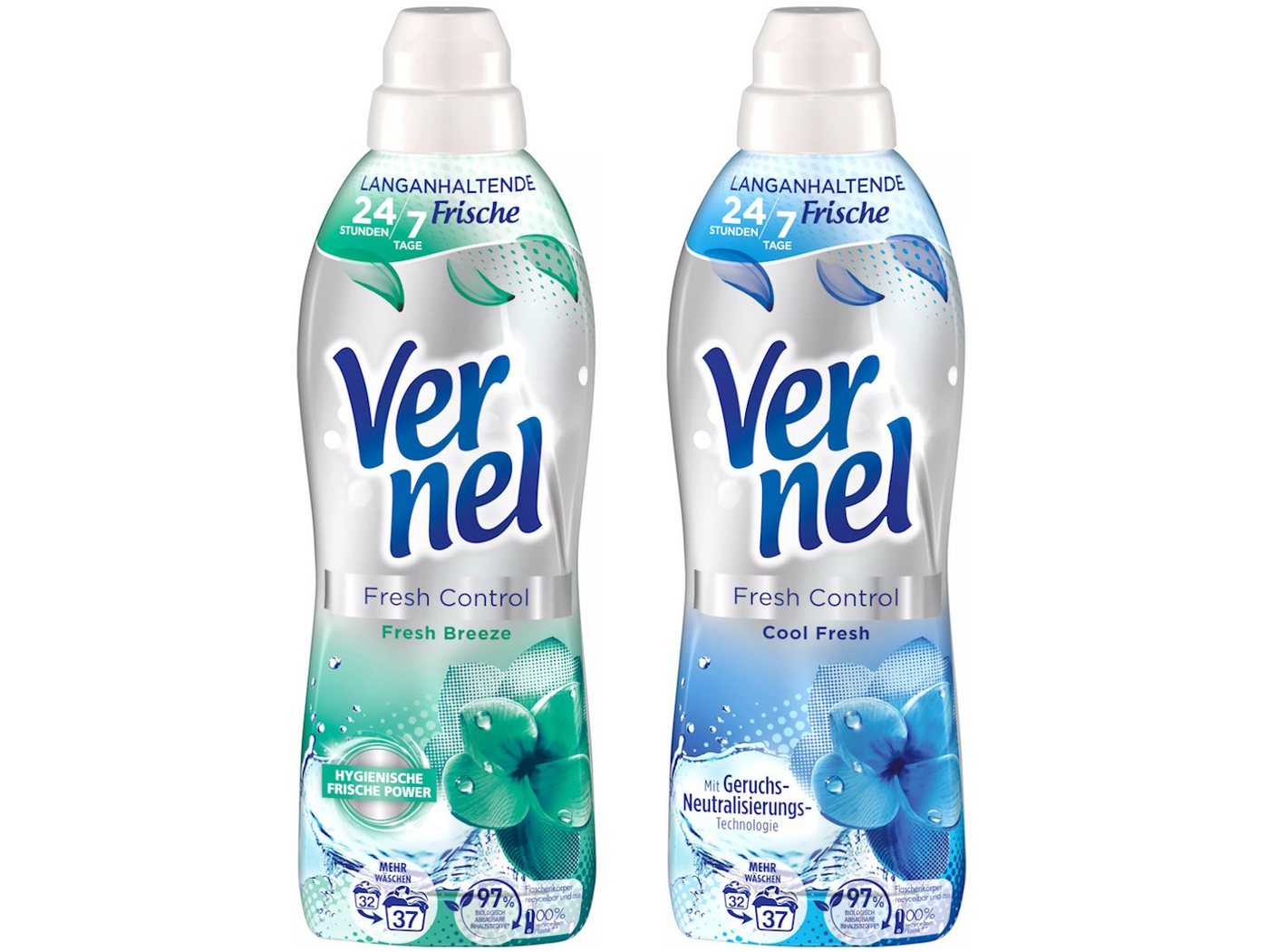 Vernel Fresh Control Cool Fresh & Fresh Breeze 2 x 37 WL (74WL) Weichspüler (Doppelpack, [2-St. für 24/7 langanhaltende Frische) von Vernel